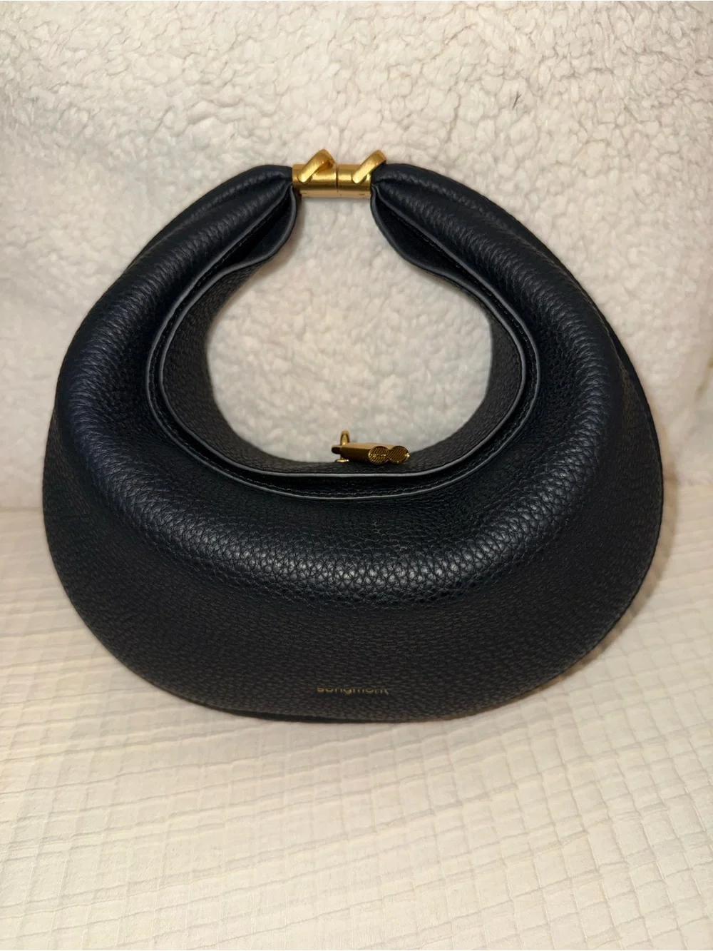 Songmont Luna Black Pebble Leather Crescent Shoulder Bag with Gold Hardware